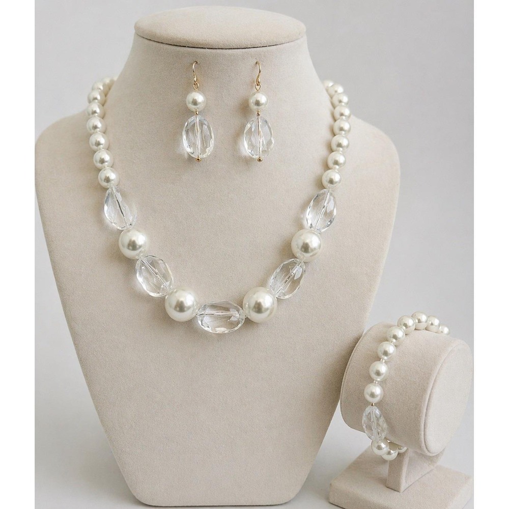 4-Piece Faux Pearl & Clear Acrylic Beaded Jewelry Set Necklace Bracelet Earrings